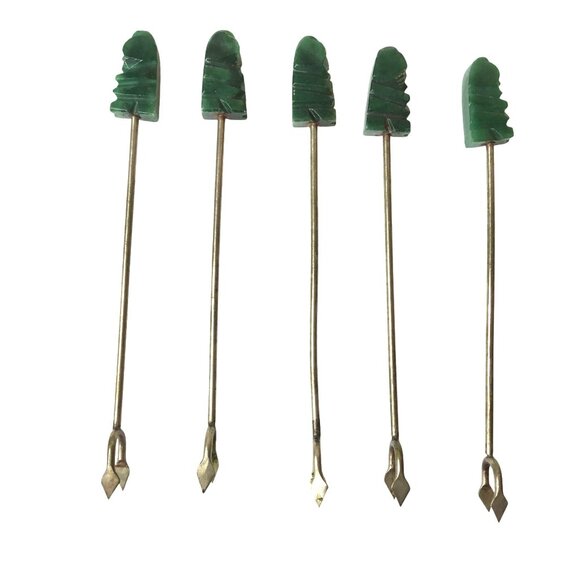 Vintage Jade or Malachite Cocktail Picks Set of 5 – Carved Stone Cocktail Picks - Picture 3 of 7
